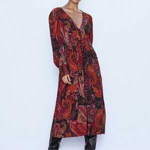 Zara paisley print long sleeve v-neck button down midi dress size small boho